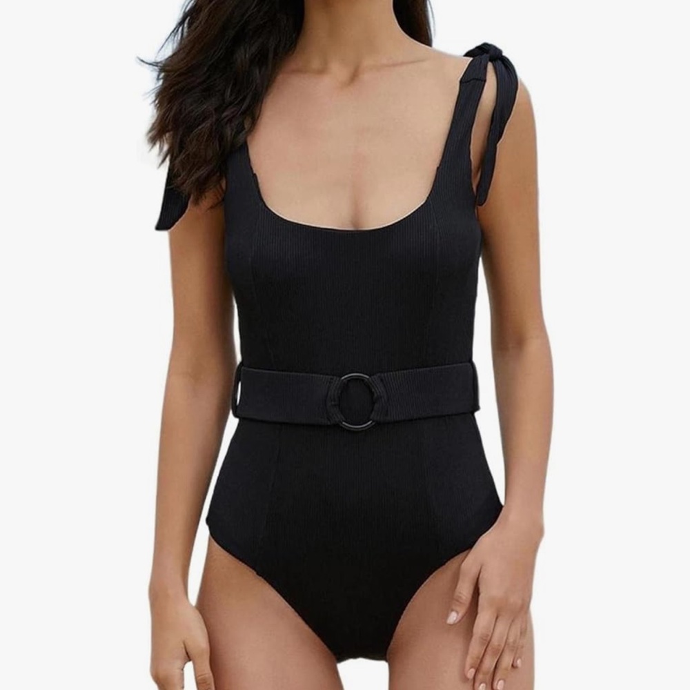 TSMEZA Women's One Piece belted Swimsuit in black with bow accents